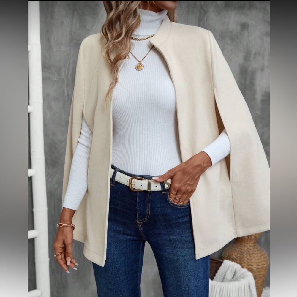 Women's Cream Cape Coat - Elegant Open Front Outerwear